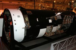 A side view of a KH-7 GAMBIT spy satellite on display at the Smithsonian National Air and Space Museum's Udvar-Hazy Center at Dulles Airport, Va., on Sept. 17, 2011.