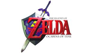 The logo for The Legend of Zelda: Ocarina of Time that features a sword and shield
