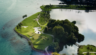 The sixth hole from above on the Serapong Course at Sentosa Golf Club