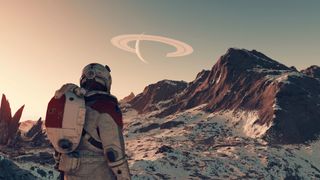 An astronaut looks out over a snow covered mountain range with a ringed planetoid in the distance