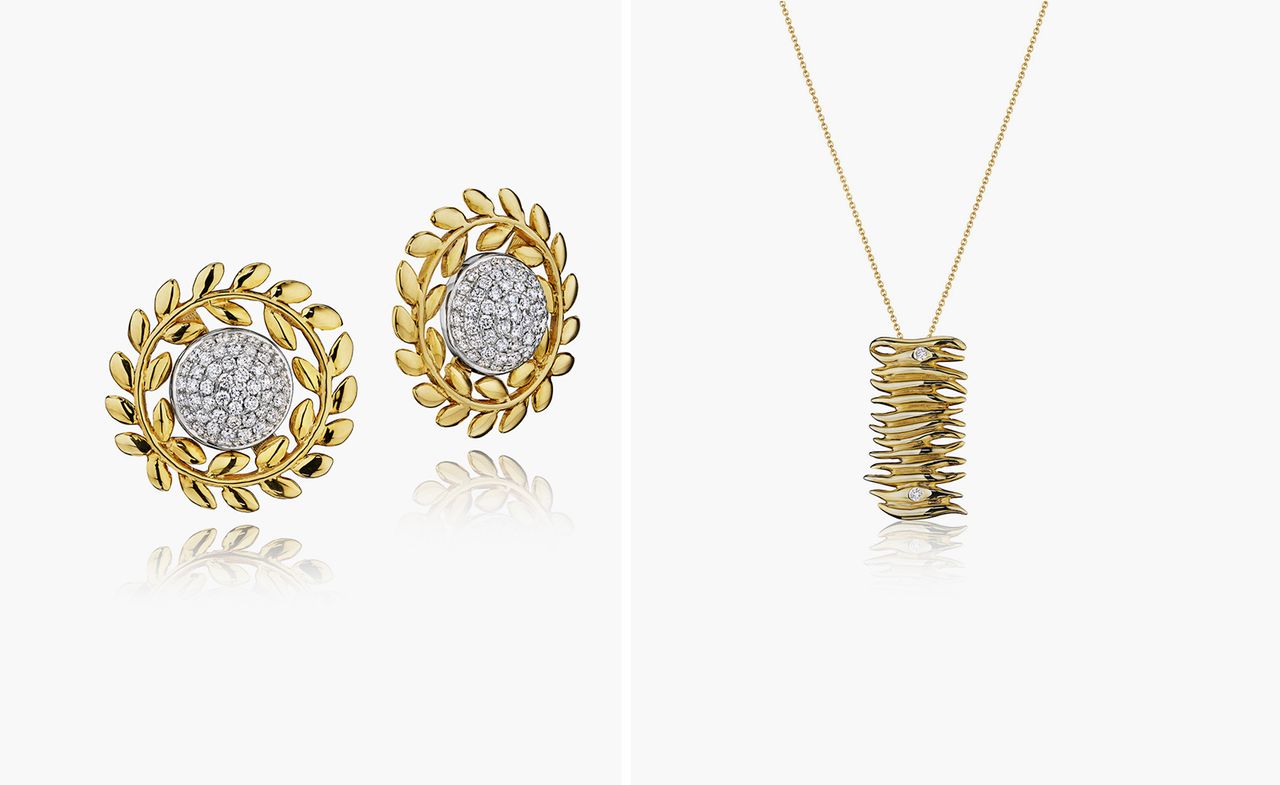 Two images, Left- Floral gold earrings, Right- Gold pendant