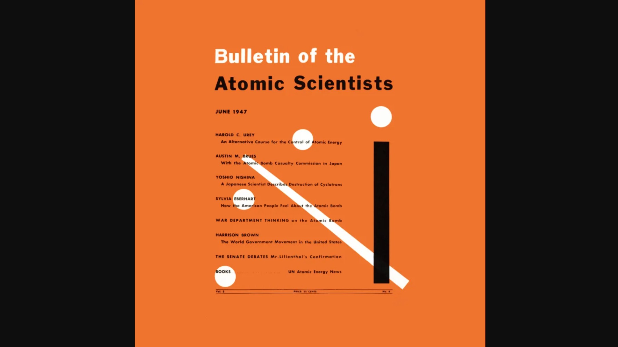The orange cover of the June 1947 edition of the Bulletin of the Atomic Scientists, featuring the original minimalist Doomsday Clock design.