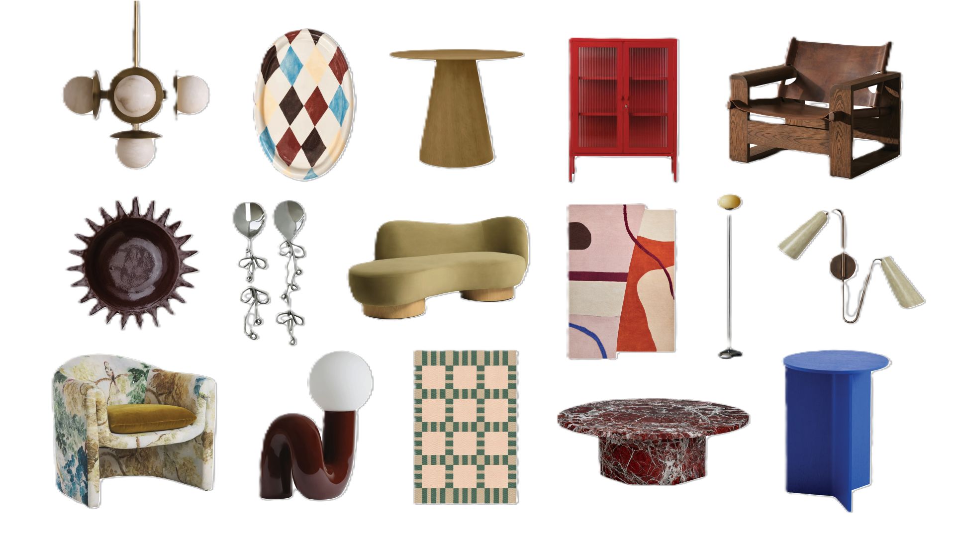 a grid of 15 homewares including lighting, seating and storage furniture on a white background