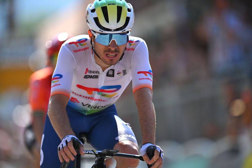 BARCELONNETTE FRANCE JULY 18 Matteo Vercher of France and Team TotalEnergies crosses the finish line as second place winner during the 111th Tour de France 2024 Stage 18 a 1795km stage from Gap to Barcelonnette 1134m UCIWT on July 18 2024 in Barcelonnette France Photo by Tim de WaeleGetty Images