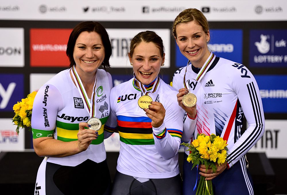 Anna Meares, Kristina Vogel and Becky James made up the keirin podium