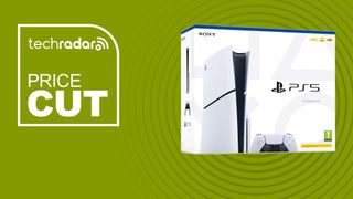 A Sony PS5 Slim box on a green background with white TechRadar branding and price cut text