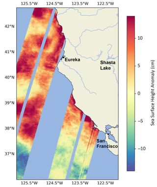 a map showing warm water off california's coast