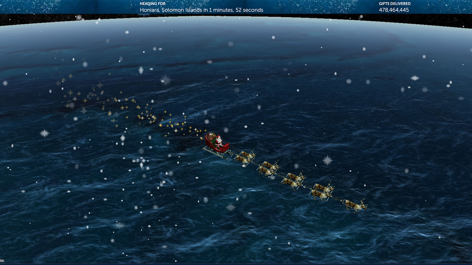 Santa on a sleigh moving across the Pacific towards the Solomon Islands