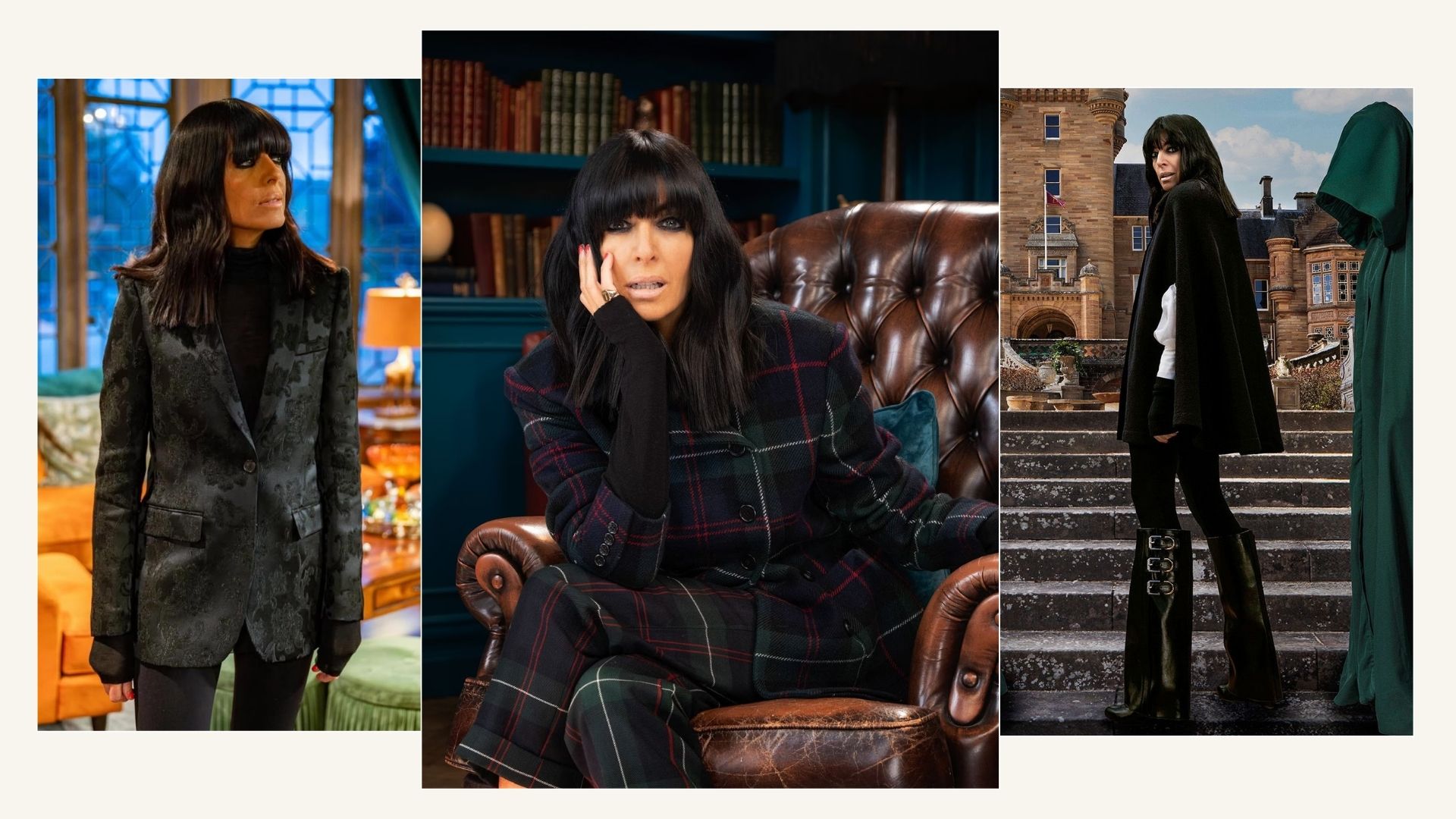 Claudia Winkleman collage of Traitors outfits