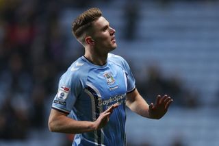 Viktor Gyokeres of Coventry City celebrates after scoring the team's first goal during the Sky Bet Championship between Wigan Athletic and Coventry City at DW Stadium on March 14, 2023 in Wigan, England.