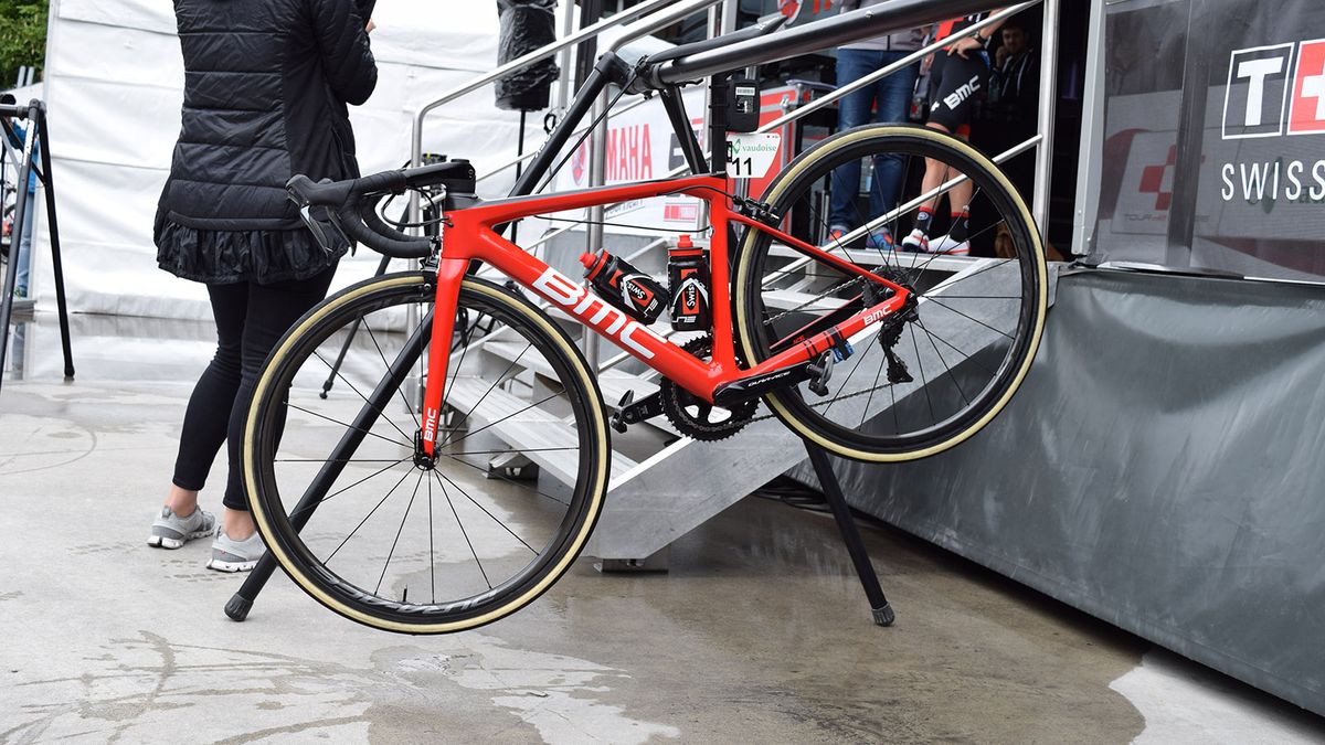 Richie Porte uses a tiny 47cm frame, which when hanging on the bike stand at sign on doesn't touch the ground