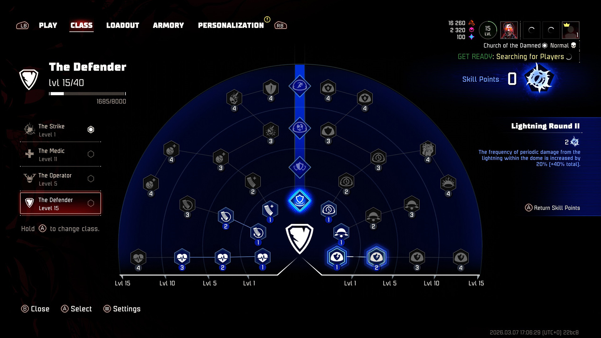 Looking at The Defender skilltree in John Carpenter's Toxic Commando, showing lots of nodes, some with blue highlights