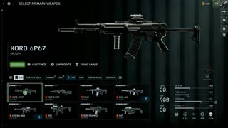 Battlefield 6 primary weapon selection menu with favourites tab highlighted showing KORD 6P67 assault rifle