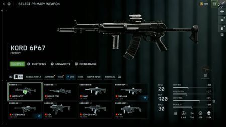 Battlefield 6 primary weapon selection menu with favourites tab highlighted showing KORD 6P67 assault rifle