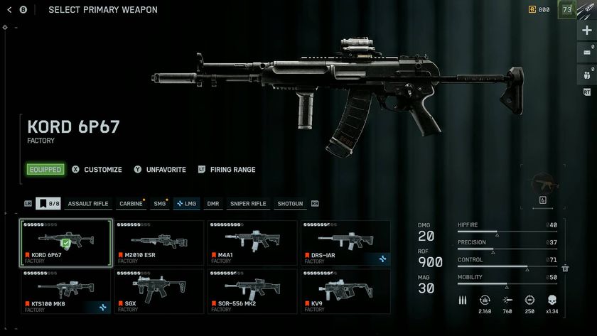 Battlefield 6 primary weapon selection menu with favourites tab highlighted showing KORD 6P67 assault rifle