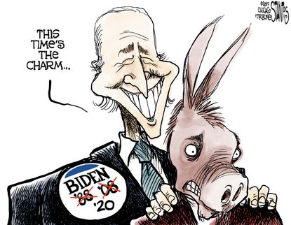 Political Cartoon U.S. Joe Biden 2020 election third time is a charm