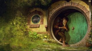 The Lord of the Rings Roleplaying artwork from Shire Adventures, depicting Bilbo slipping out of Bag End's front door and putting on the One Ring