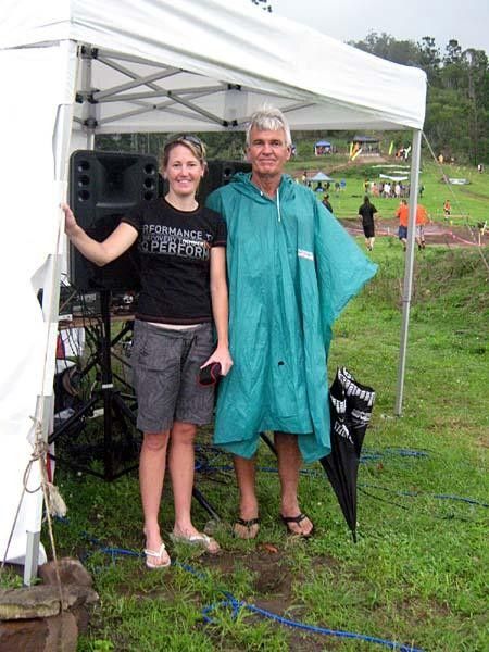 Jo and her father (a Queensland loca) keep hold of the PA tent
