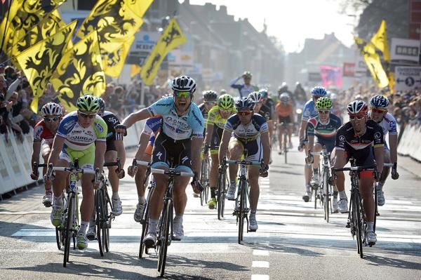 Tom Boonen (Omega Pharma-Quickstep) celebrates his third win in Gent-Wevelgem