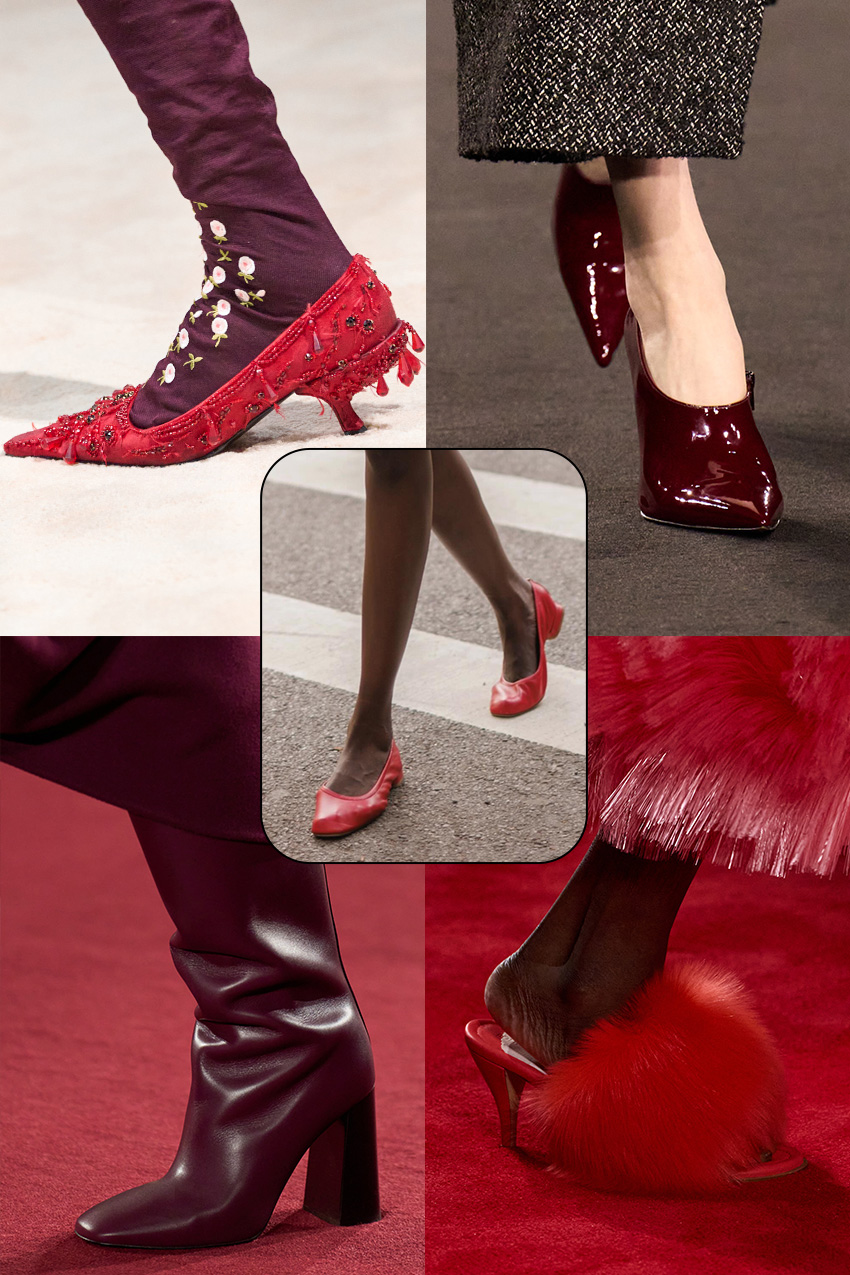 shoe color trends fall 2026 shown in a collage of runway images depicting footwear in bright red and burgundy color