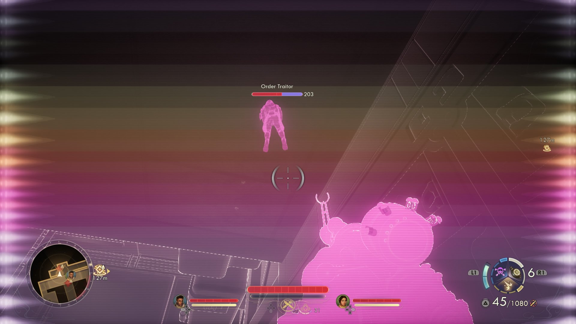 The Outer Worlds 2 screenshot showing the N-Ray scanner which shows an enemy up above on another floor