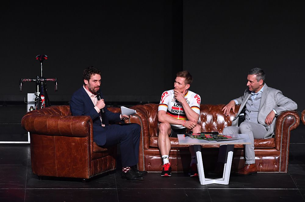 Andre Greipel on stage at the Lotto Soudal presentation