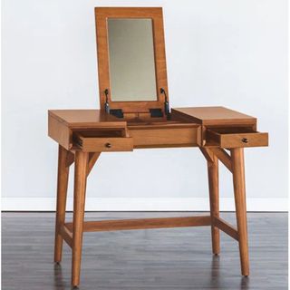 Mid-century, modernized vanity table with flip-down mirror