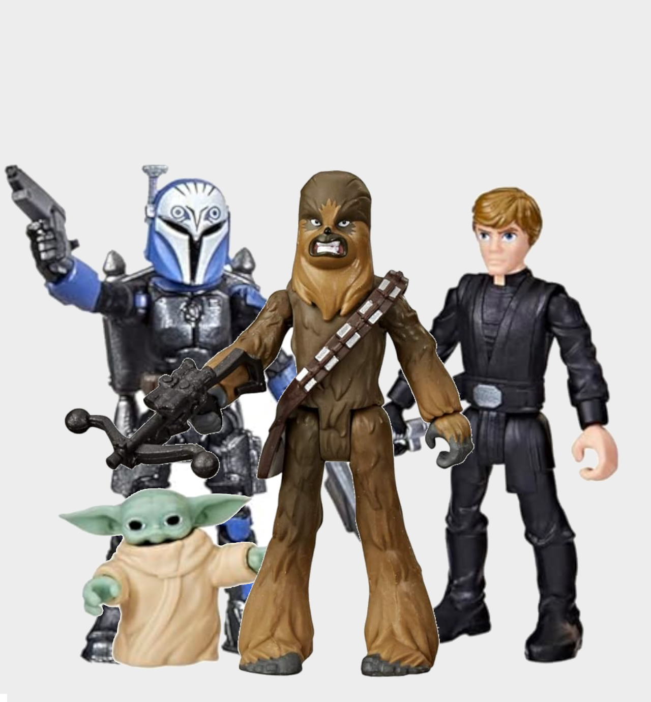 Hasbro Mission Fleet Chewbacca, Luke Skywalker, Grogu, and Bo-Katan action figures against a plain background