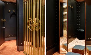 Changing area inside 'Billionaire'' label space featuring gold bars with vault wheel and doors