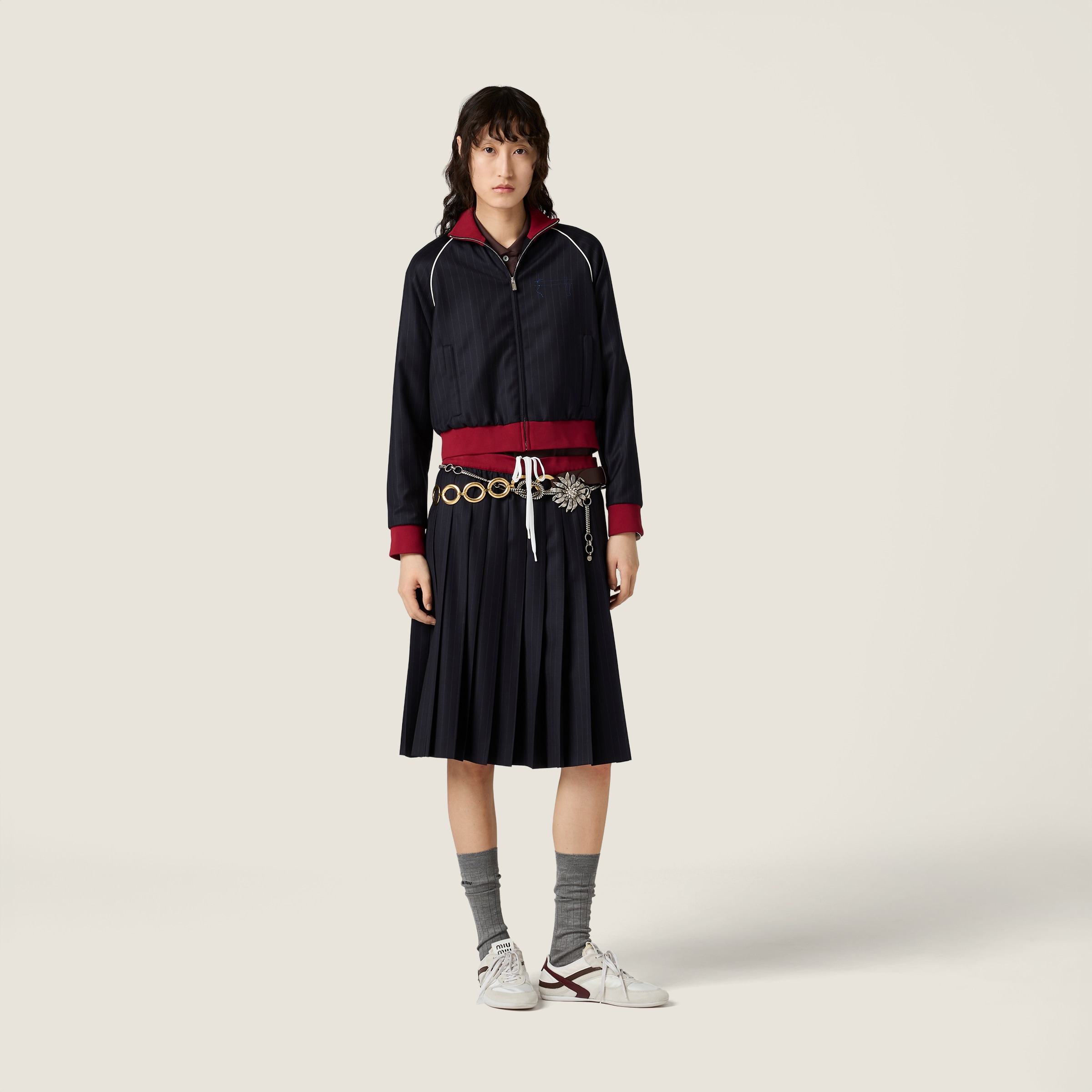 Pleated Pinstripe Midi Skirt