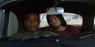 Anthony Mackie as Sam Wilson/The Falcon and Sebastian Stan as Bucky Barnes/Winter Soldier in Captain America: Civil War (2016)