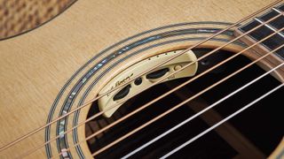 Close up of LR Baggs Anthem pickup in an acoustic guitar 
