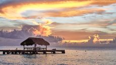 Iconic jetty with thatched hut at Pigeon Point in Tobago, sunset