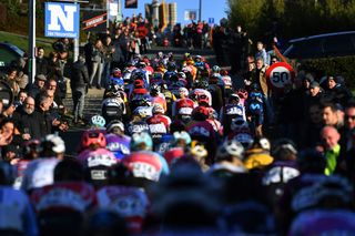 NINOVE BELGIUM FEBRUARY 26 A general view of the peloton competing during the 17th Omloop Het Nieuwsblad 2022 Womens Race a 128km race from Ghent to Ninove OHN22 FlandersClassic WorldTour on February 26 2022 in Ninove Belgium Photo by Luc ClaessenGetty Images