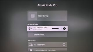 The Apple TV 4K setup menu showing AirPods audio connection