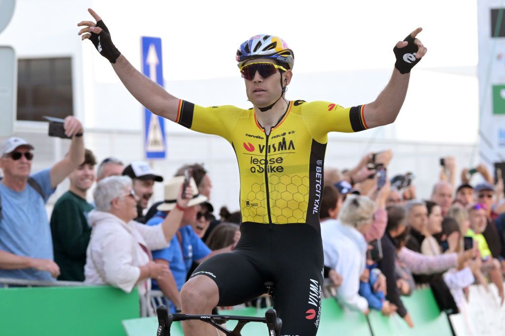 TAVIRA PORTUGAL FEBRUARY 16 Wout Van Aert of Belgium and Team Visma Lease a Bike celebrates at finish line as stage winner during the 50th Volta ao Algarve em Bicicleta 2024 Stage 3 a 1922km stage from Vila Real de Santo Antonio to Tavira on February 16 2024 in Tavira Portugal Photo by Dario BelingheriGetty Images