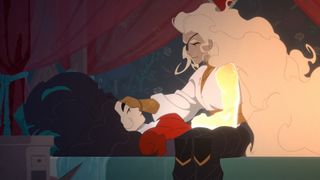 A wounded, bedridden Shan Hemlock being tended by one of her demigod siblings.