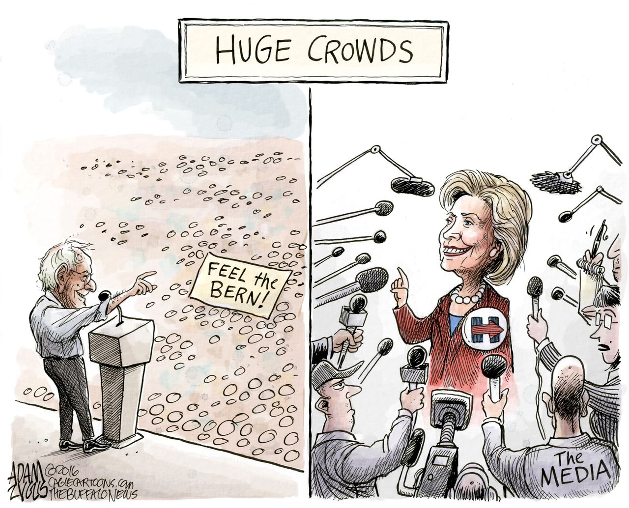 Political Cartoon U.S. Hillary Bernie 2016