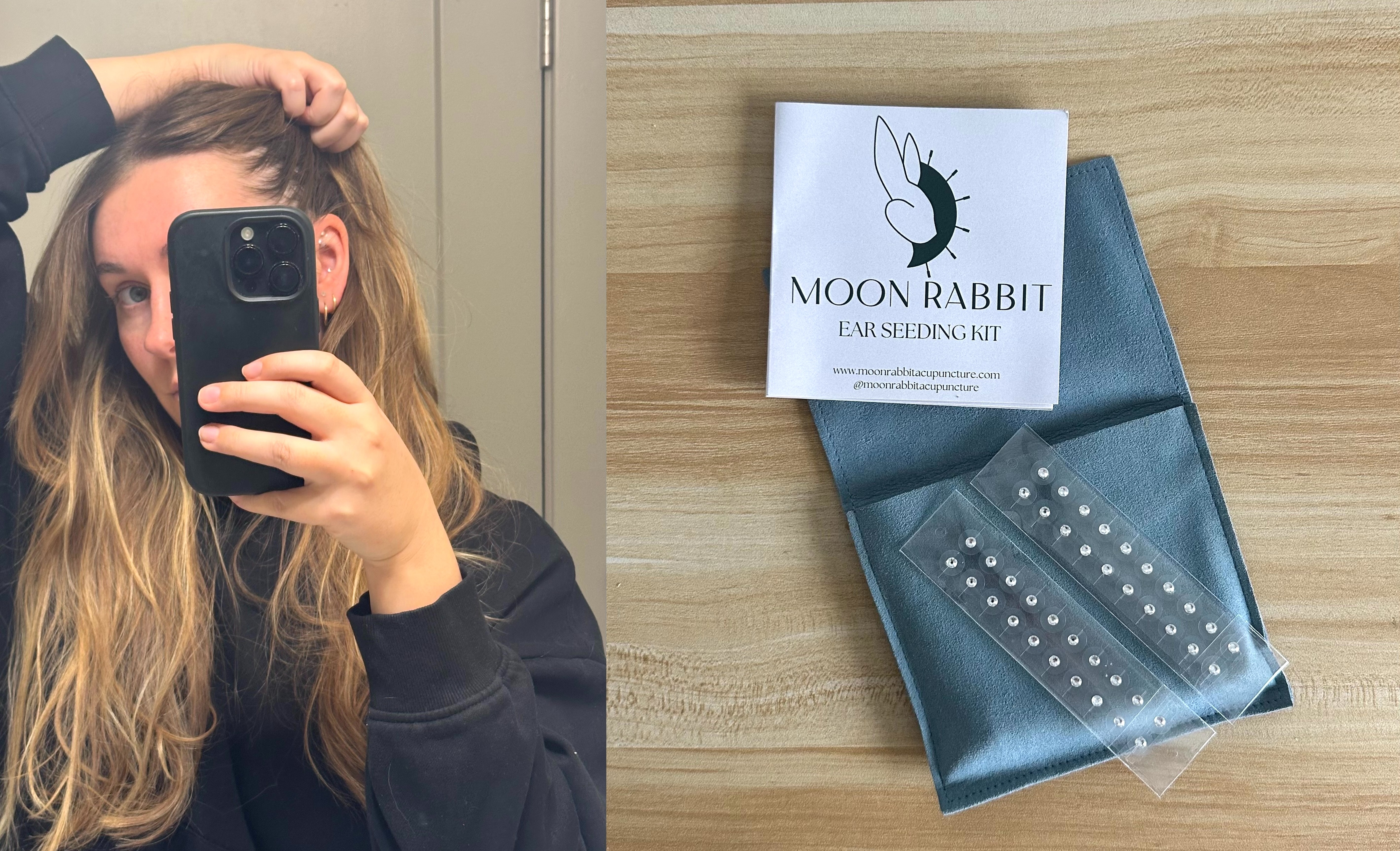 Beauty editor Kaitlyn McLintock wearing ear seeds next to a picture of the ear seeding kit she used