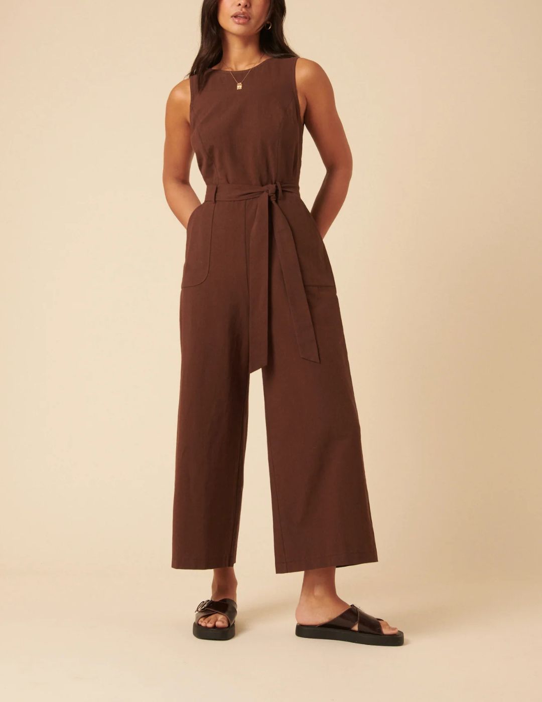 Nobody's Child , Brown Tie Waist Jumpsuit