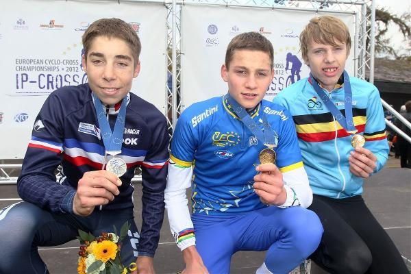 Junior men's European 'cross championship podium (L-R): Cl&eacute;ment Russo, 2nd; Mathieu van der Poel, 1st; Yannick Peeters, 3rd
