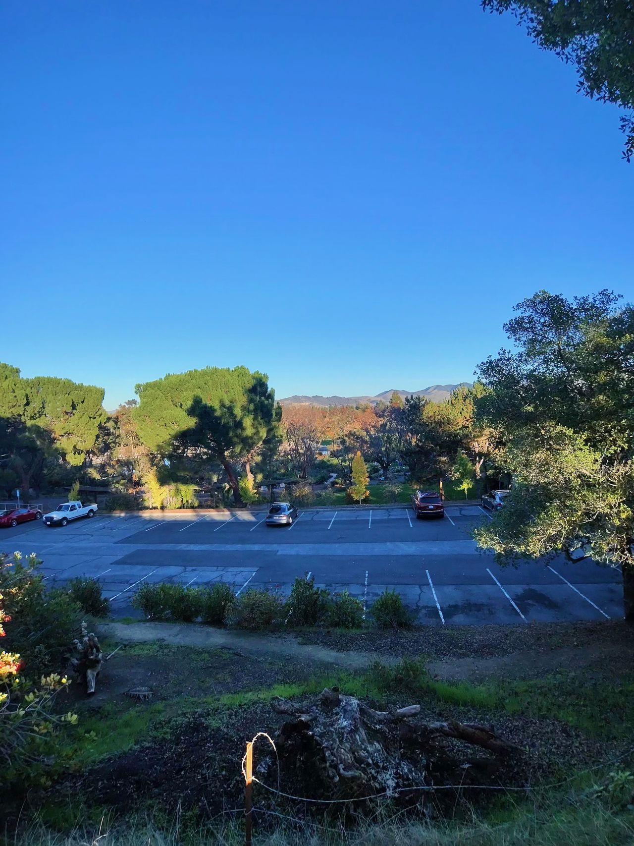 A photo taken with the Oakley Meta Vanguard smart glasses, showing a wide shot of a park and parking lot.
