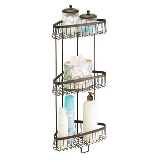 Idesign York Metal Wire Corner Standing Shower Caddy 3-Tier Bath Shelf with products and tissues