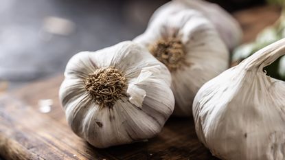 Three large garlic bulbs on a wooden board