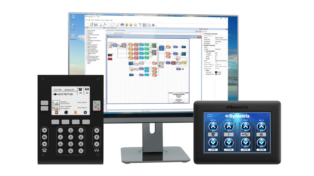 Symetrix Composer 7.1 interface pictured with PD-1 Telco Dialer at left and T-5 Touchscreen