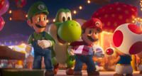 Luigi, Yoshi and Mario looking at Toad