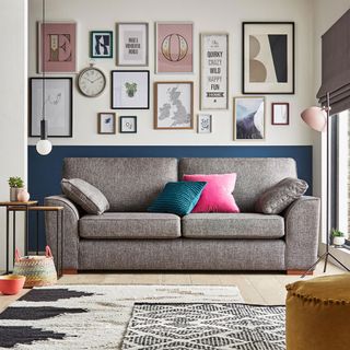 living area with grey sofa
