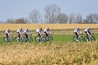 AG2R Citroen Team riders with Belgian Oliver Naesen of AG2R Citroen Team and Belgian Greg Van Avermaet of AG2R Citroen Team pictured in action during the reconnaissance of the track ahead of the 76th edition of the oneday cycling race Omloop Het Nieuwsblad Thursday 25 February 2021 in Oudenaarde BELGA PHOTO DIRK WAEM Photo by DIRK WAEMBELGA MAGAFP via Getty Images