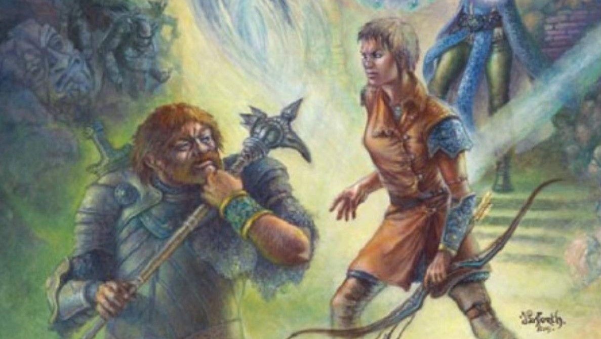 Two adventurers battling a monster on the cover of the Tunnels &amp; Trolls rulebook.