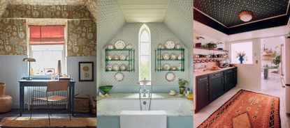 Three examples of ceiling wallpaper ideas. Palm leaf wallpaper in blue and brown study. White, green and white wallpaper in bathroom. Art deco inspired green and gold wallpaper in kitchen.